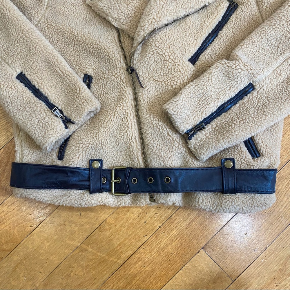 Polo by Ralph Lauren Beige and Black Sherpa Moto Biker Jacket Women’s Size Large - Picture 5 of 11